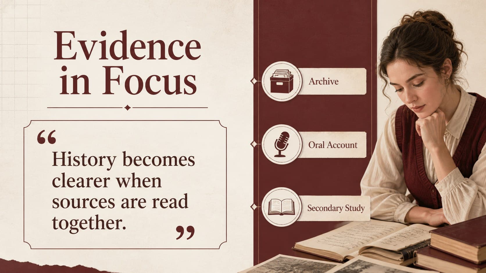 Evidence slide organizing quotations, records, and observations for historical analysis.