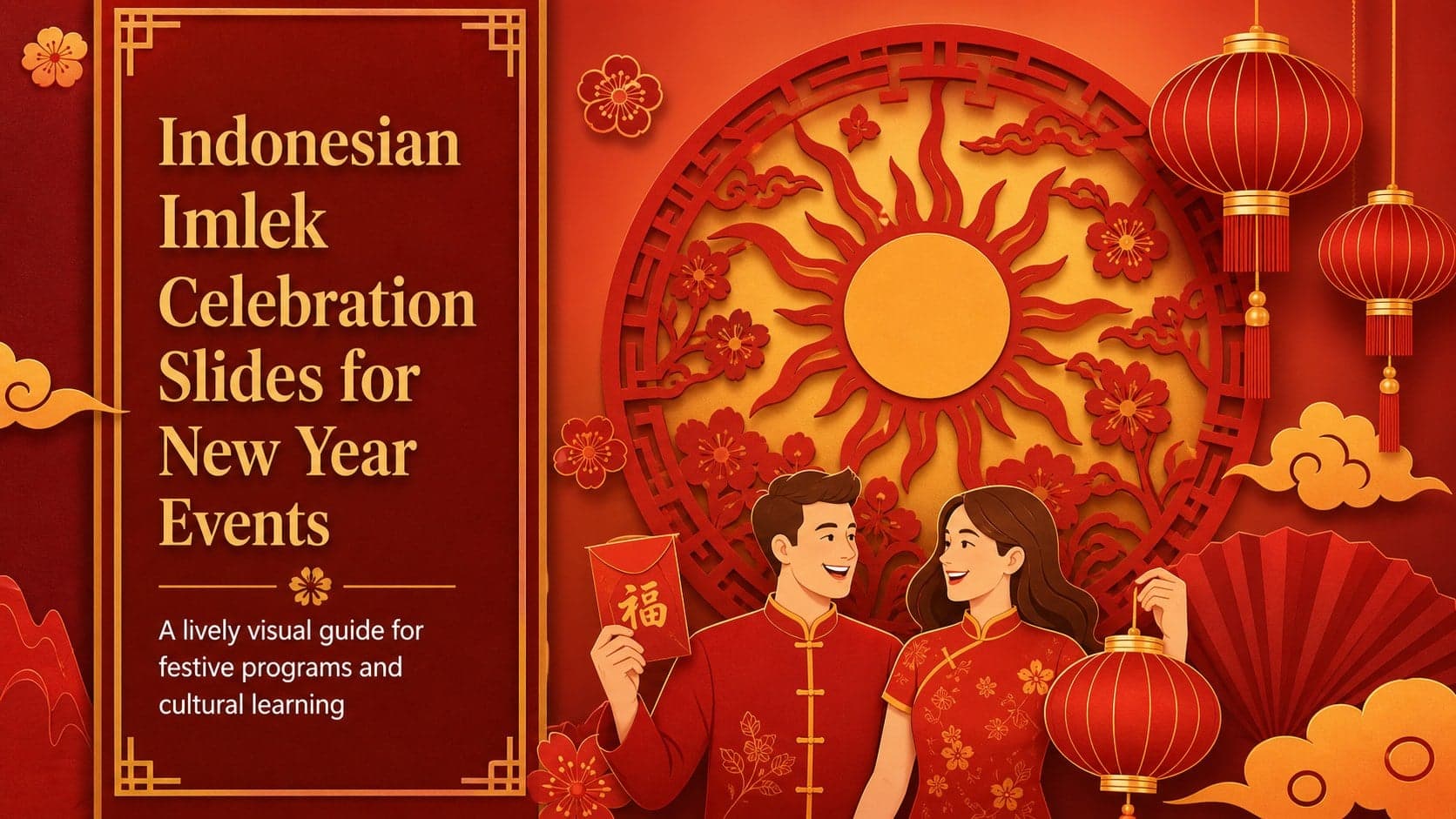 Festive cover slide for Indonesian Imlek celebration slides with red and yellow decorations and a bold event headline.