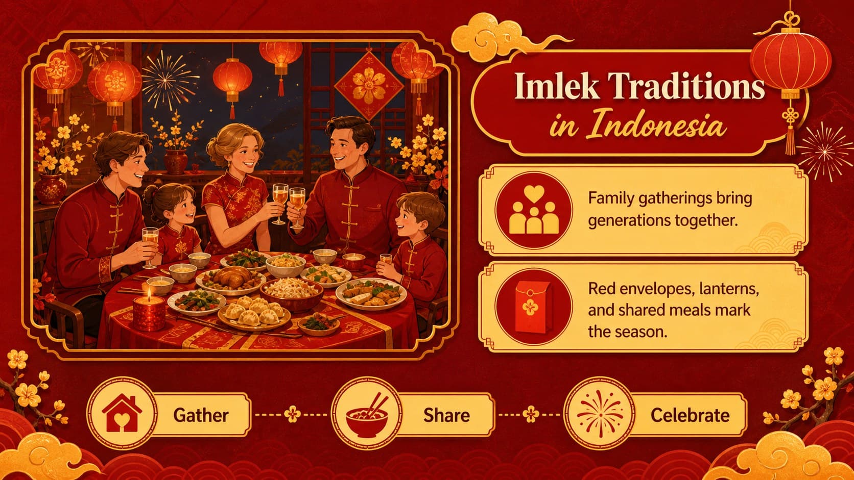 Cultural information slide explaining Indonesian Imlek traditions with illustrated red and yellow visual elements.