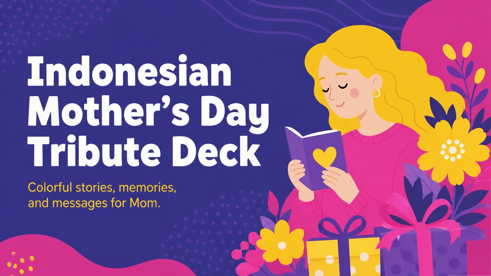 Cover of an Indonesian Mother's Day tribute deck with cheerful floral illustrations in blue, purple, pink, and yellow.