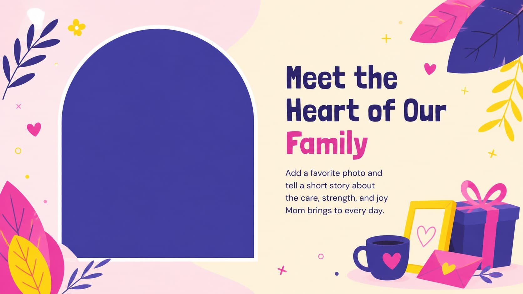 Illustrated Mother's Day PowerPoint slide featuring a large family photo and a short story about Mom.