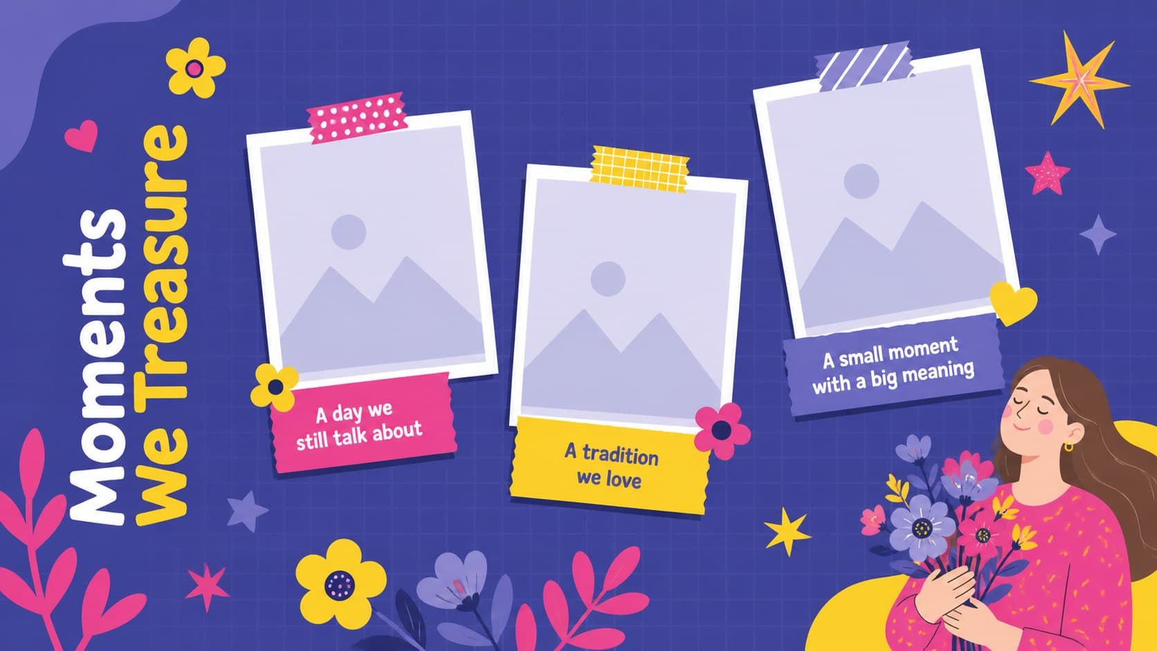 Mother's Day memory slide for kids with three photo spaces and captions for meaningful family moments.
