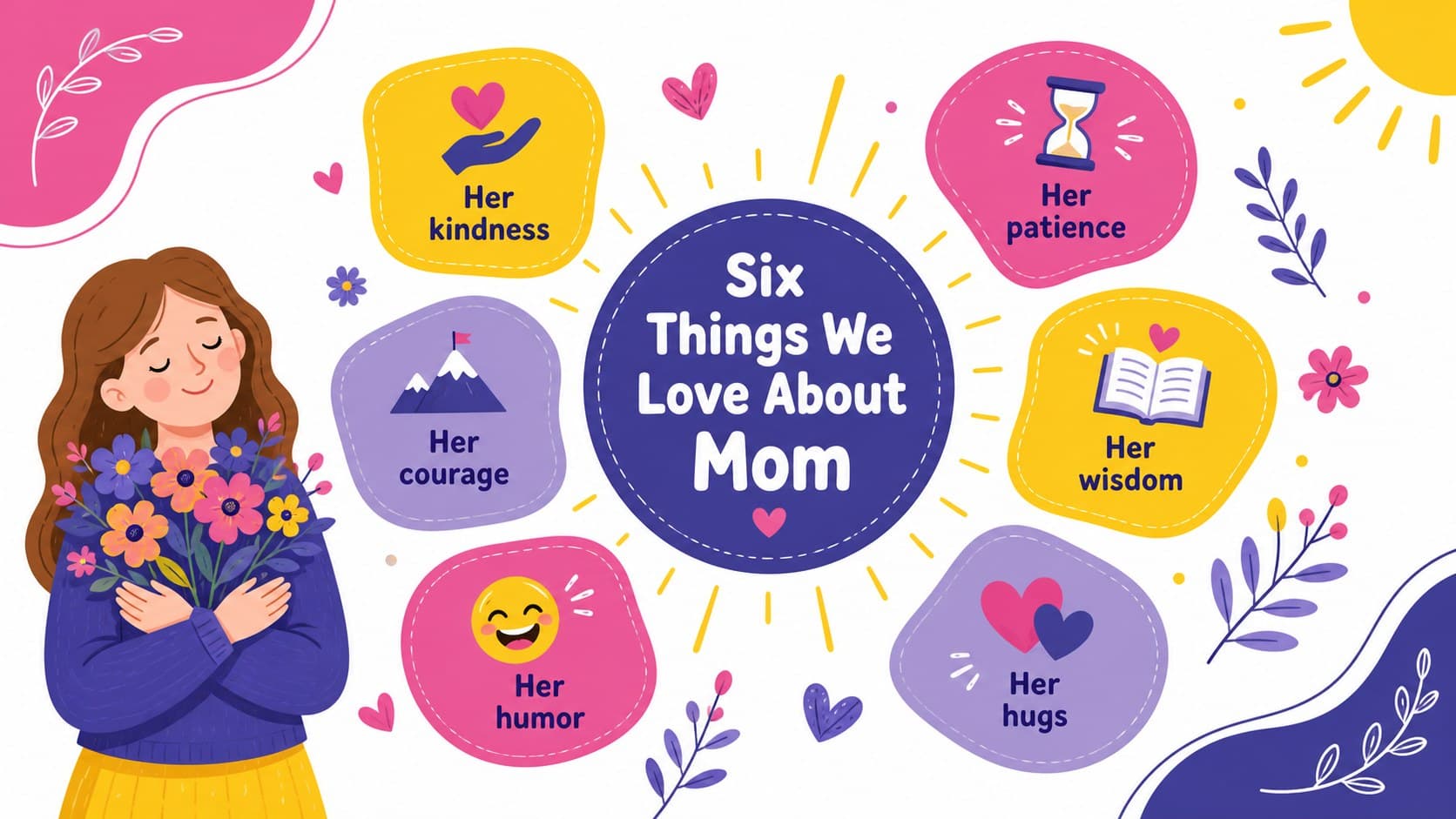 Colorful mom appreciation slideshow page listing six qualities that make a mother special.