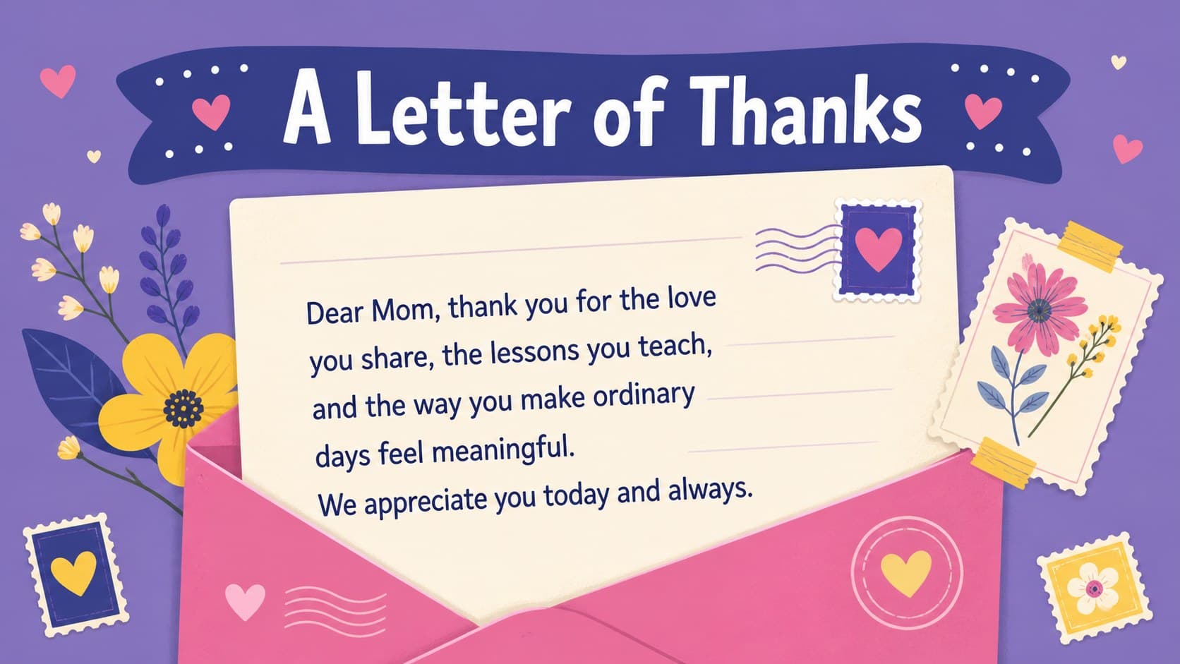 Indonesian Mother's Day tribute deck slide displaying a warm appreciation letter in a playful illustrated layout.