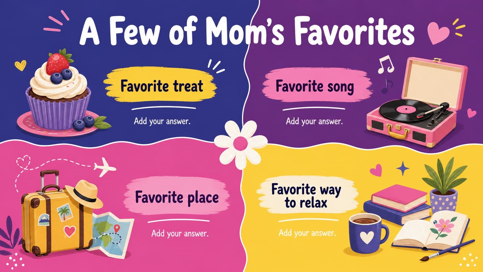 Playful Mother's Day Google Slides page presenting Mom's favorite foods, songs, places, and activities.