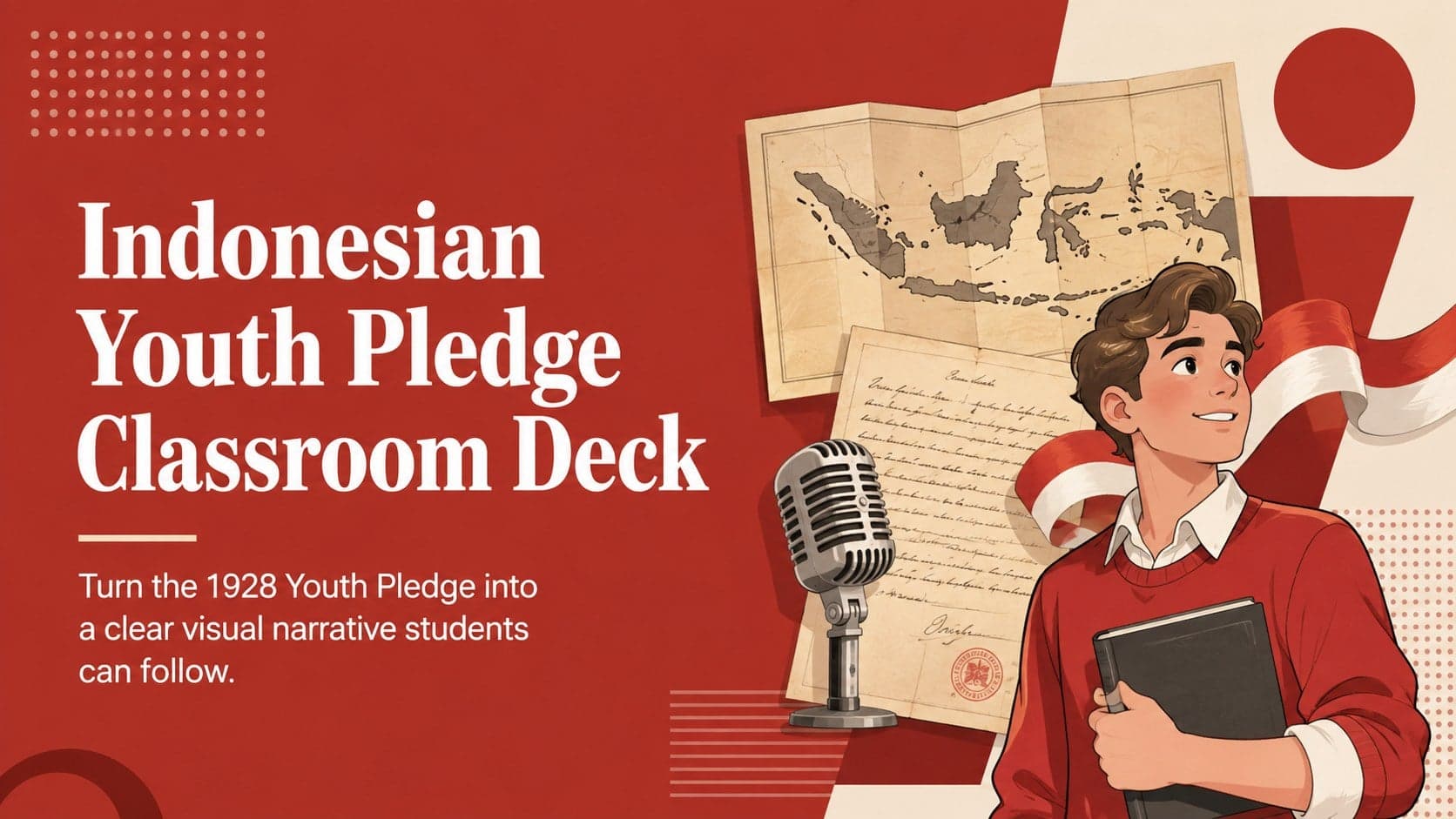 Cover of the Indonesian Youth Pledge classroom deck with bold red historical illustrations and a clean title layout.