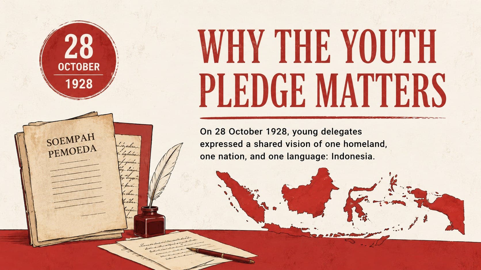 Sumpah Pemuda lesson overview slide introducing the 1928 Youth Pledge and its enduring historical significance.