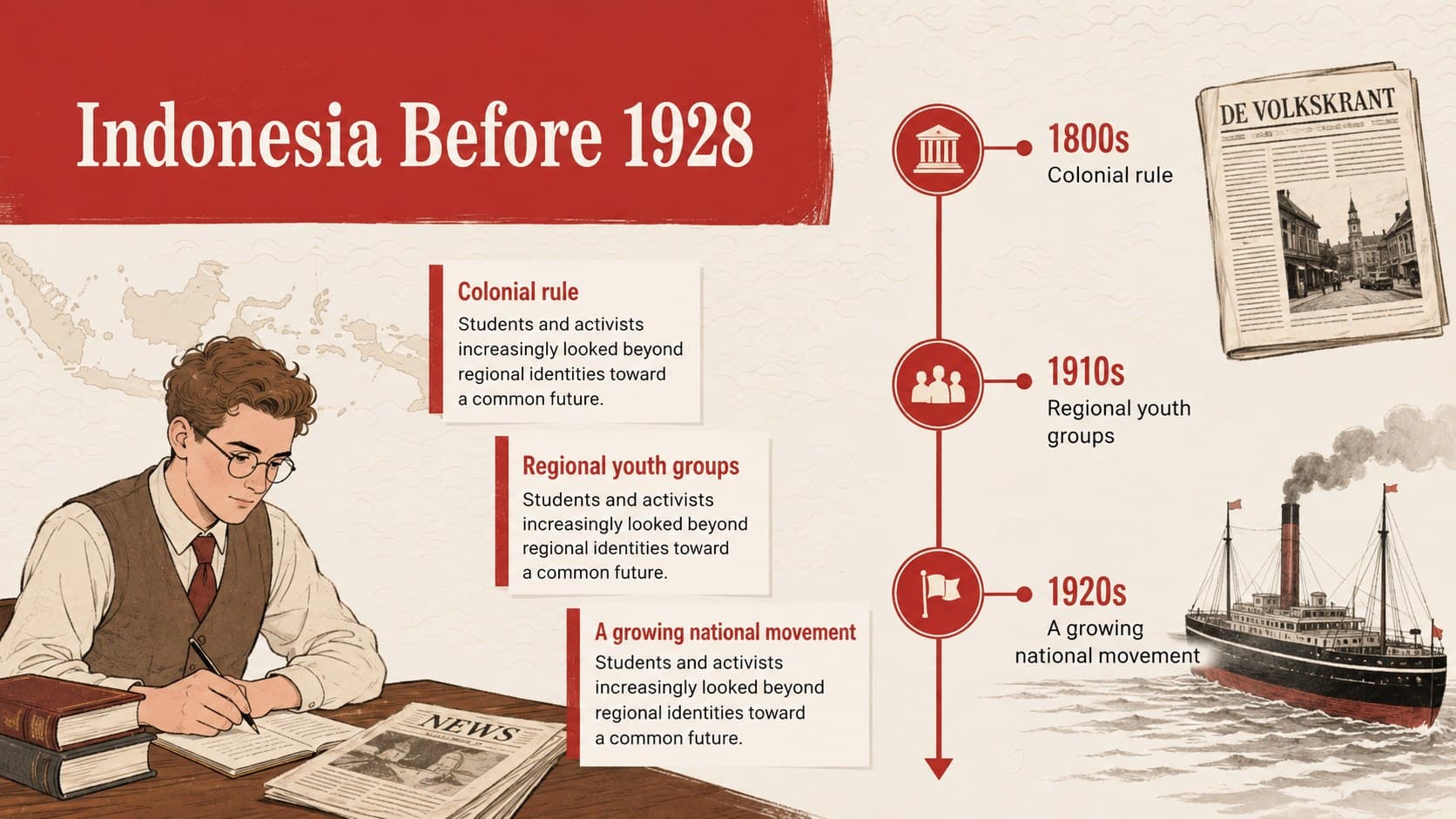 Indonesian history lesson slide showing the social and political background before the Second Youth Congress.