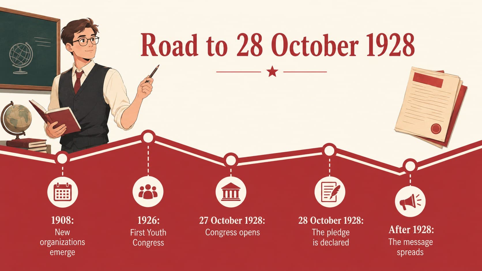 1928 Youth Congress timeline slide tracing the key events leading to the Indonesian Youth Pledge.