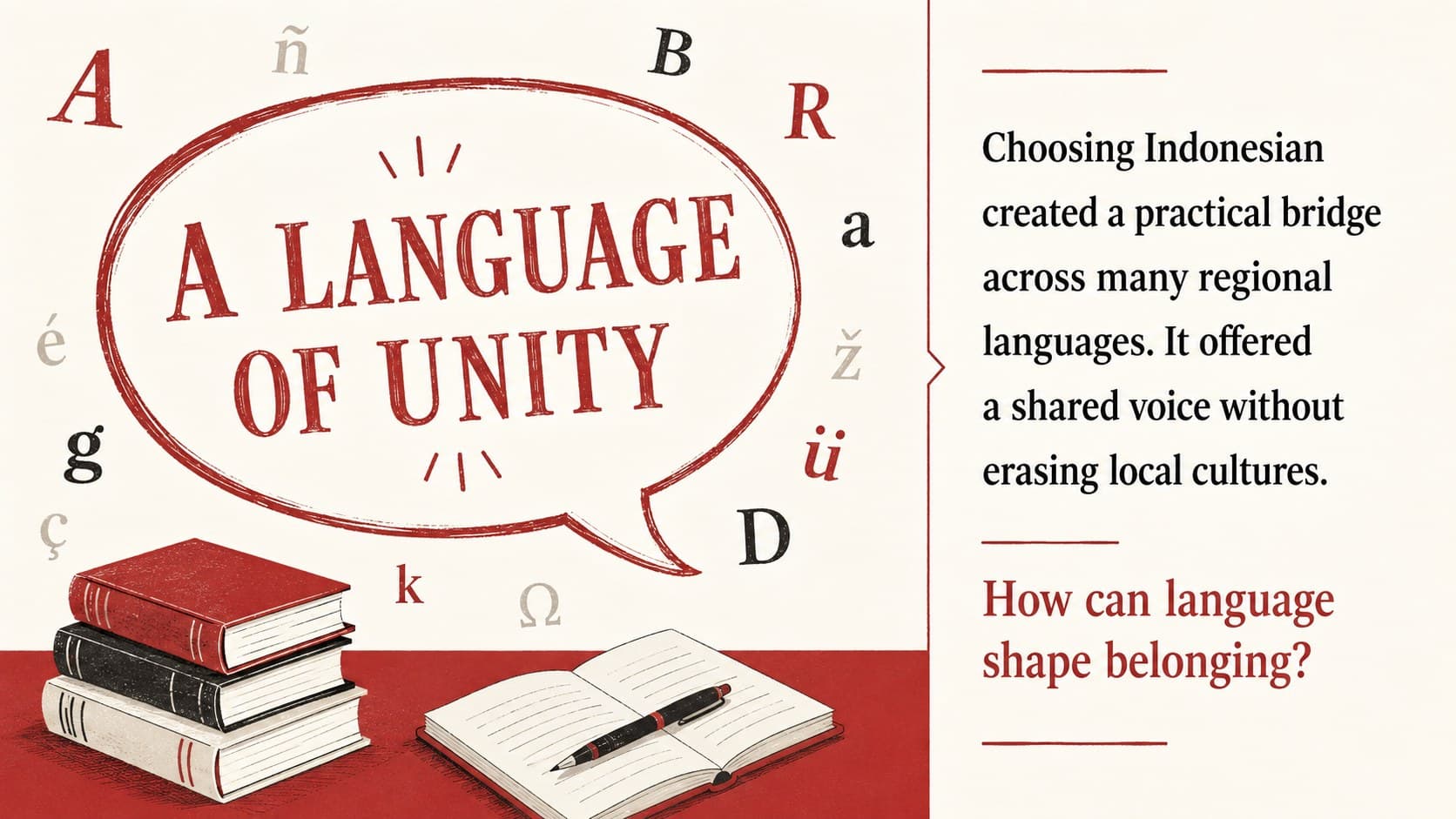 Bahasa Indonesia origins classroom lesson slide explaining language as a unifying choice in 1928.