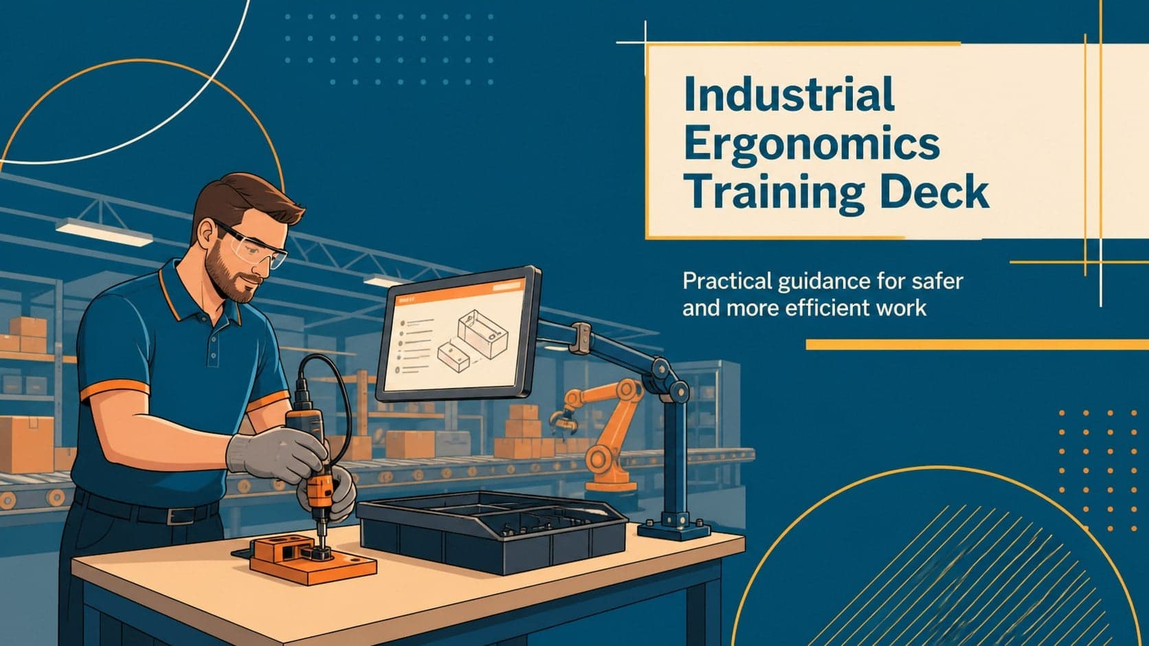 Cover slide introducing an industrial ergonomics training deck with an illustrated factory safety scene.