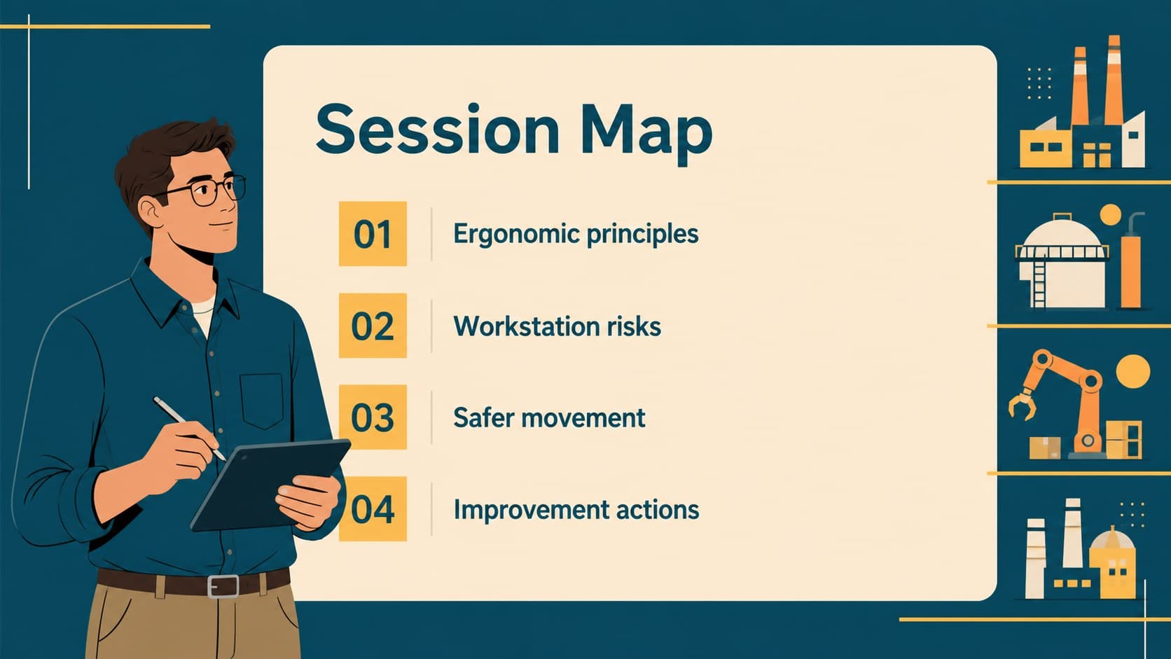 Agenda slide outlining key topics in an industrial ergonomics training deck.