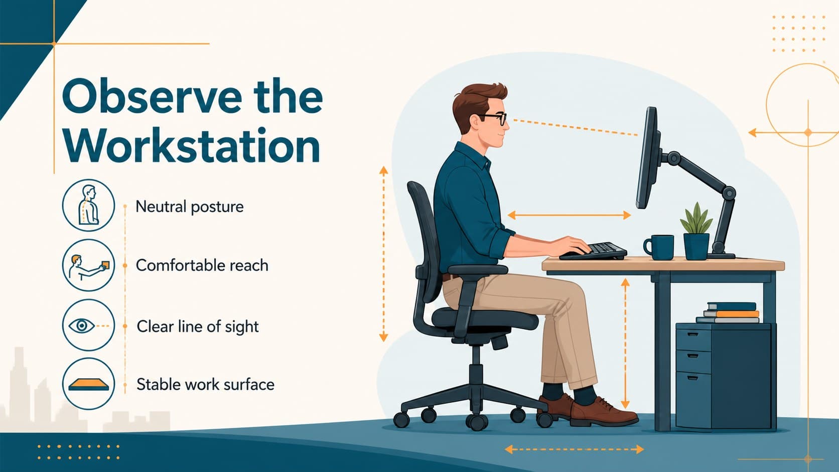 Factory workstation assessment slide showing posture and reach considerations.