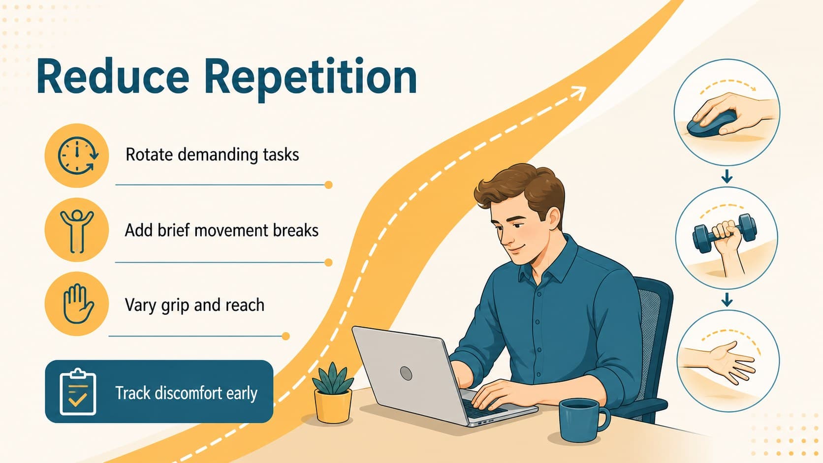Industrial safety slide highlighting repetitive motion risks and movement breaks.