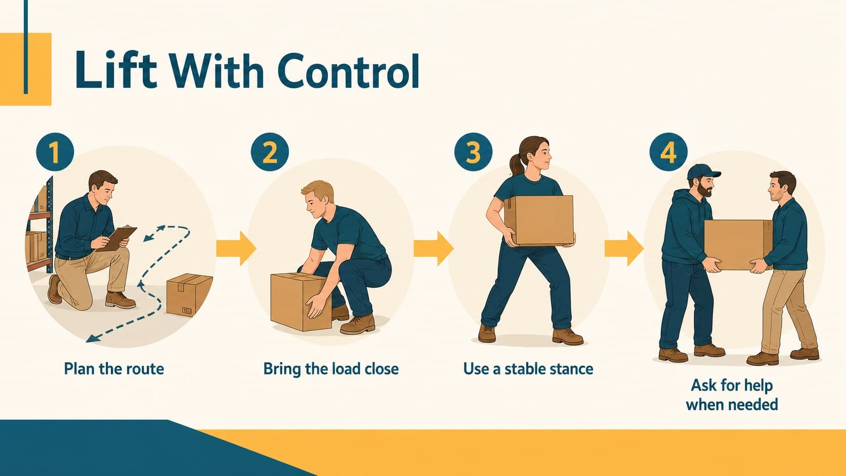 Manual handling guidance slide with lifting steps for a factory safety presentation template.