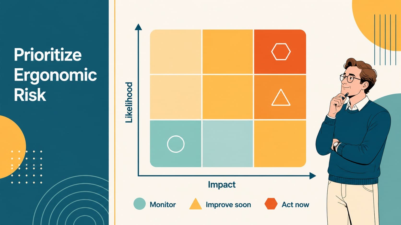 Risk matrix slide prioritizing ergonomic hazards by likelihood and impact.