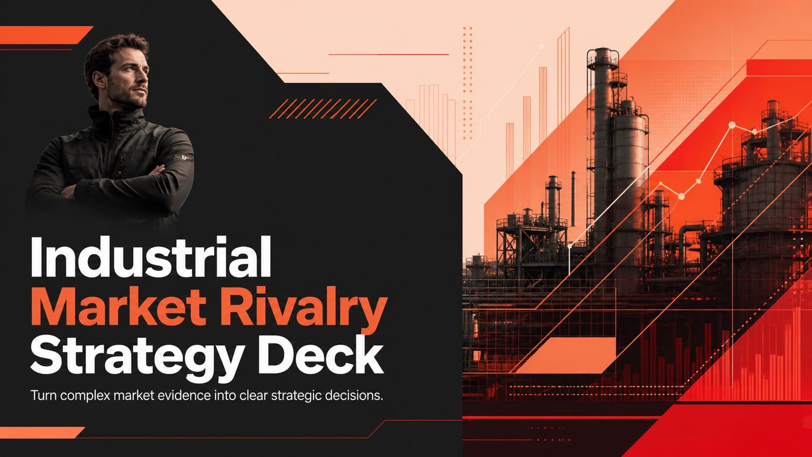 Cover for an Industrial Market Rivalry Strategy Deck with bold orange, red, and black geometric accents.