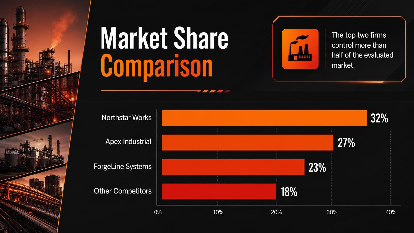 Market share comparison slide with a horizontal bar chart for four fictional industrial competitors.