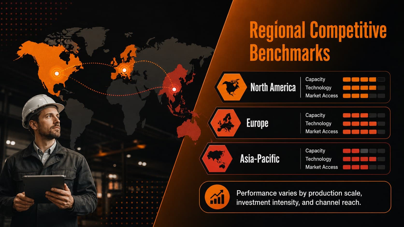 Cross-border industry benchmarking slide comparing North America, Europe, and Asia-Pacific.