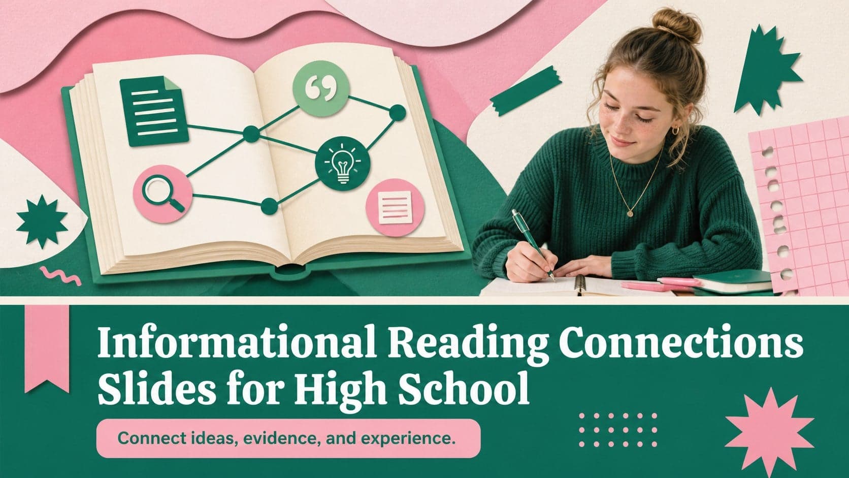 Cover slide for informational reading connections slides showing a bright illustrated high school literacy lesson in pink and green.