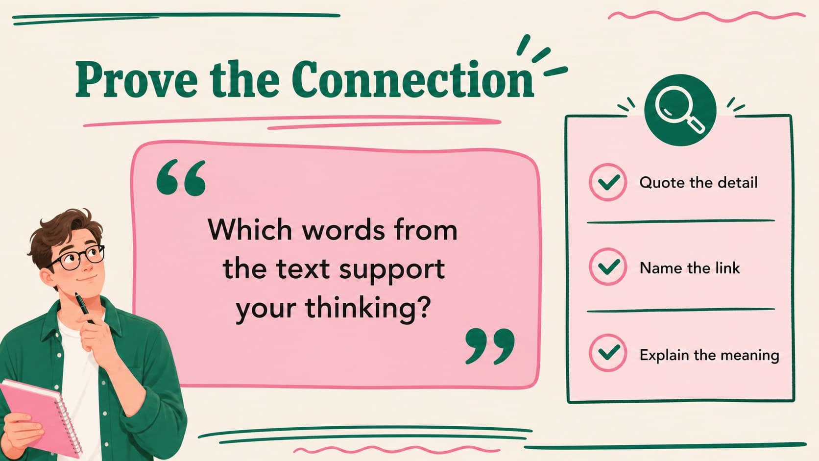 Evidence practice slide asking students to support a reading connection with a quoted detail.
