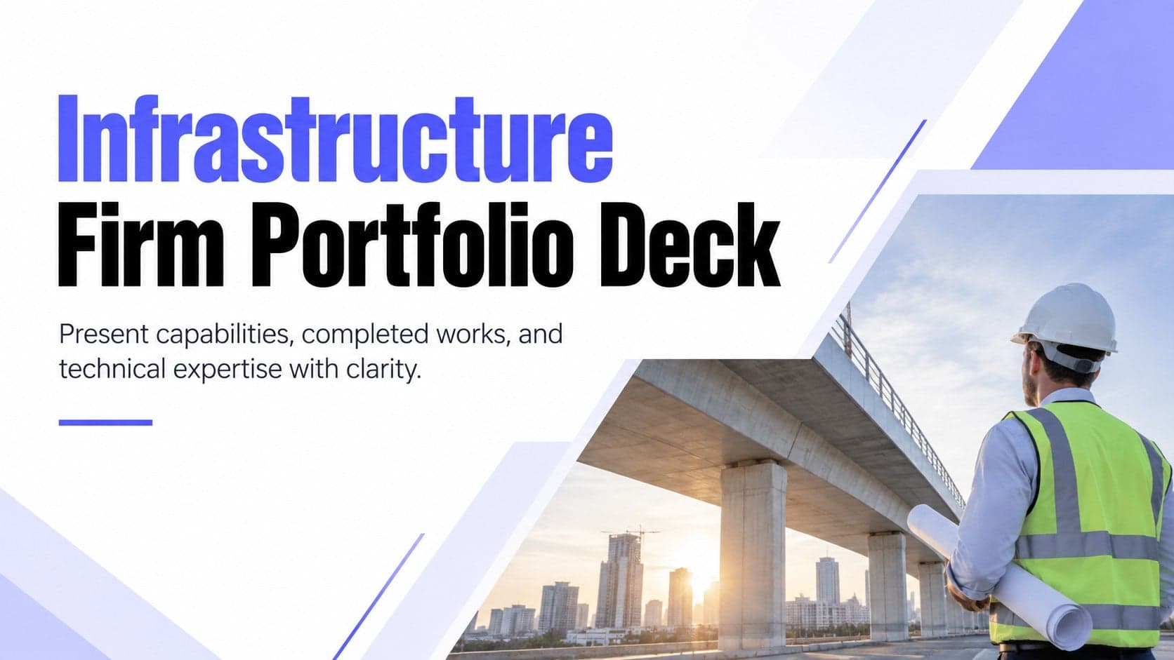 Cover of an infrastructure firm portfolio deck with bold violet typography and a modern civil works photograph.