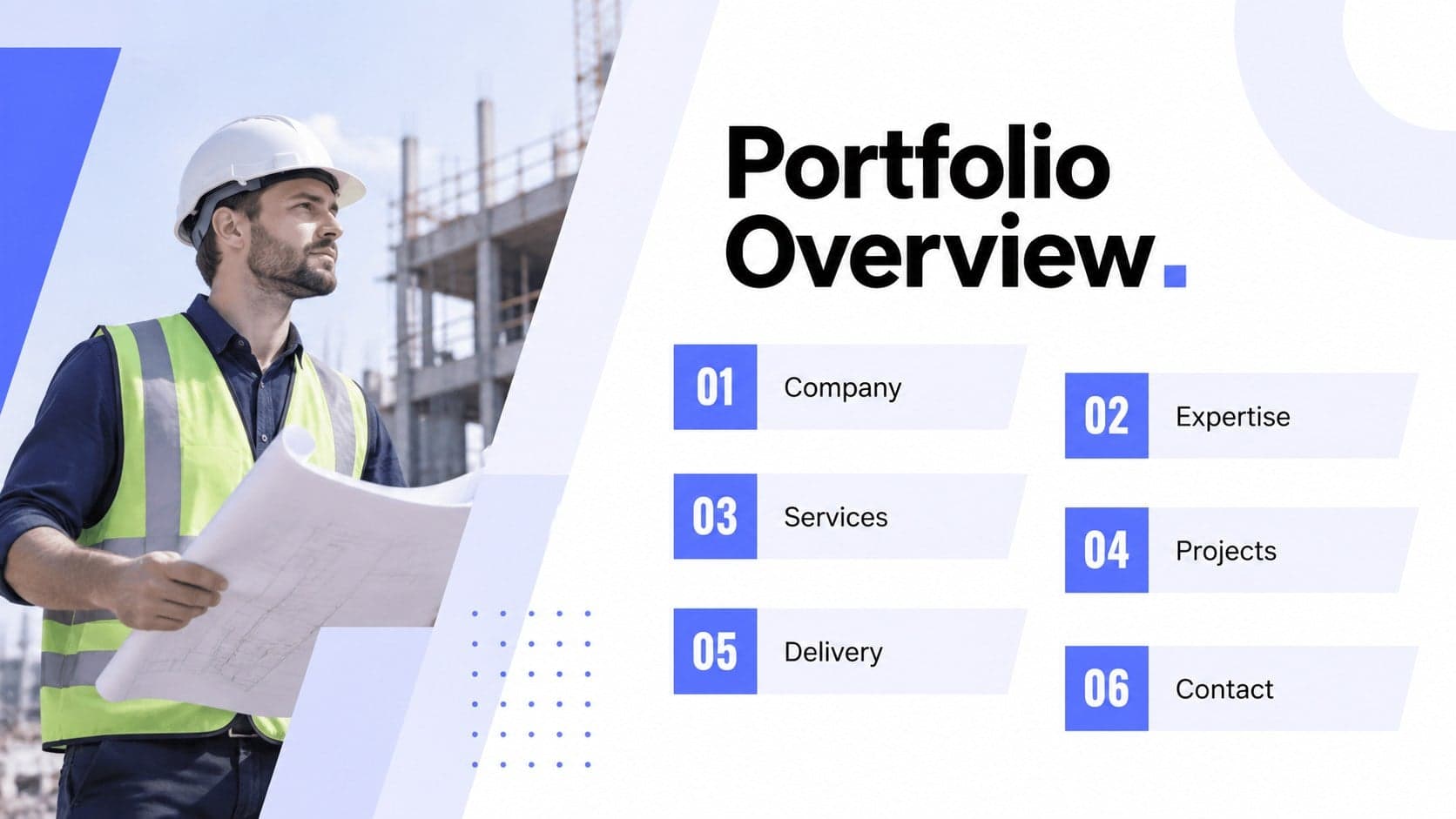 Agenda slide outlining the main sections of a civil engineering company profile template.