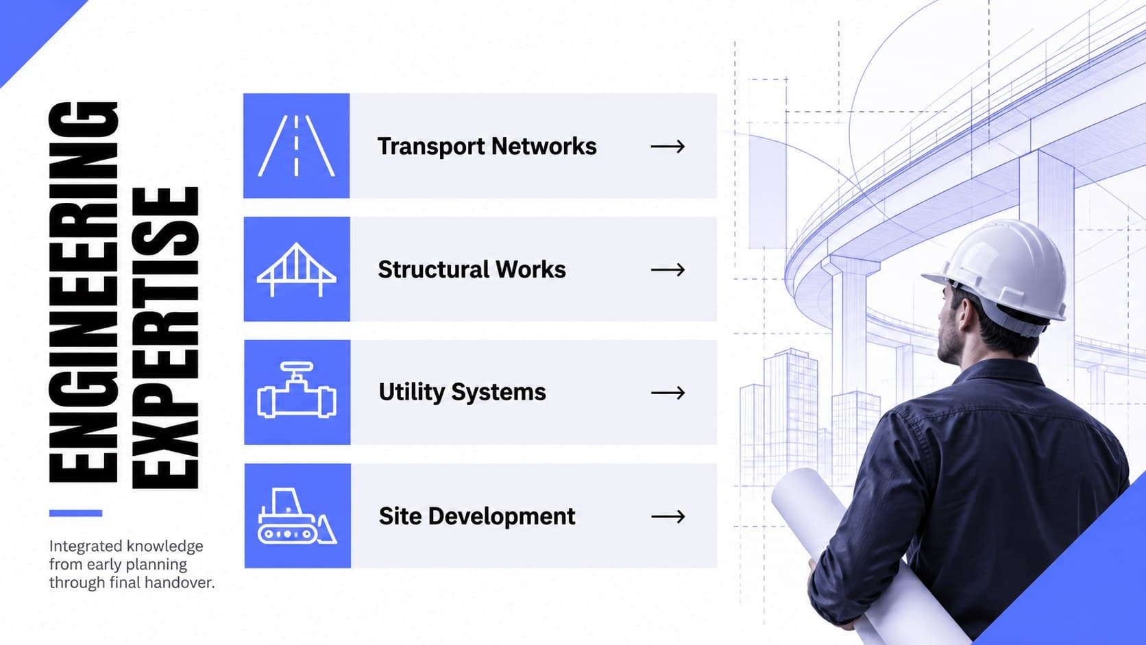 Civil engineering expertise slide presenting roads, structures, utilities, and site development services.