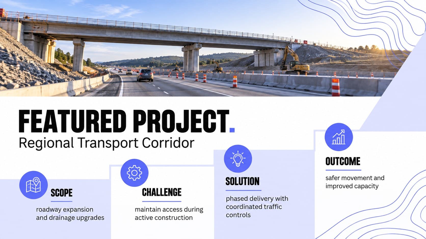 Featured construction project case study slide with scope, challenge, solution, and outcome details.