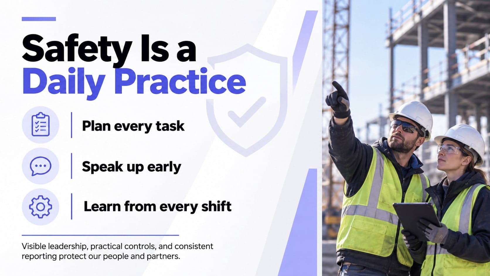 Construction safety culture slide with workplace standards, reporting, and risk control priorities.