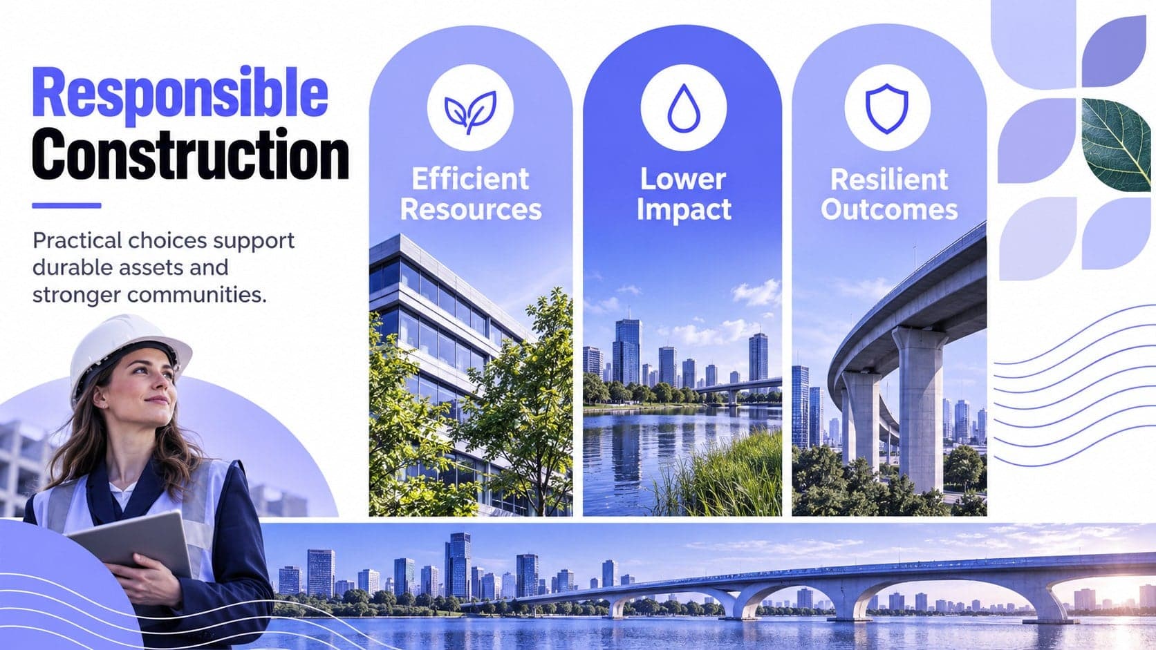 Sustainable infrastructure slide highlighting efficient resources, resilient design, and responsible construction.