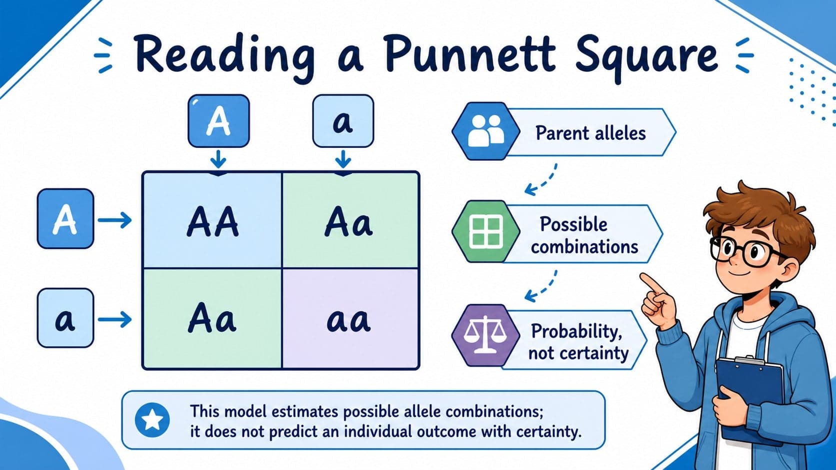 Illustrated genetics lesson slide using a Punnett square to explain recessive inheritance probabilities.