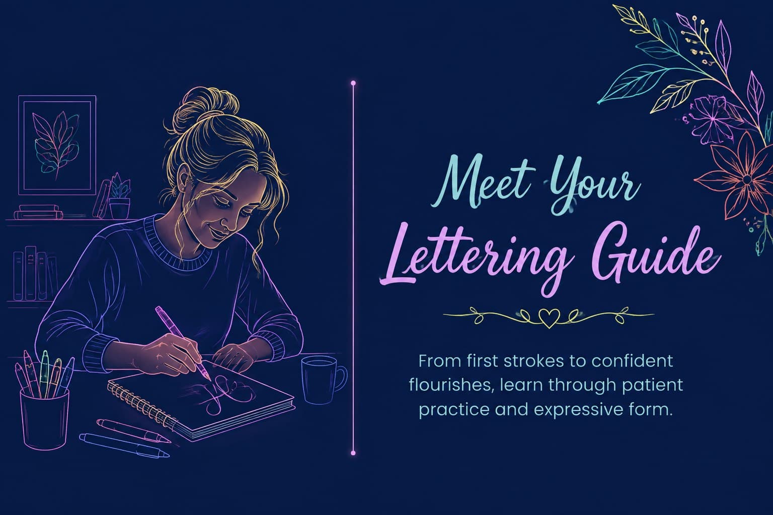 Introductory slide presenting the lettering instructor and creative teaching approach.