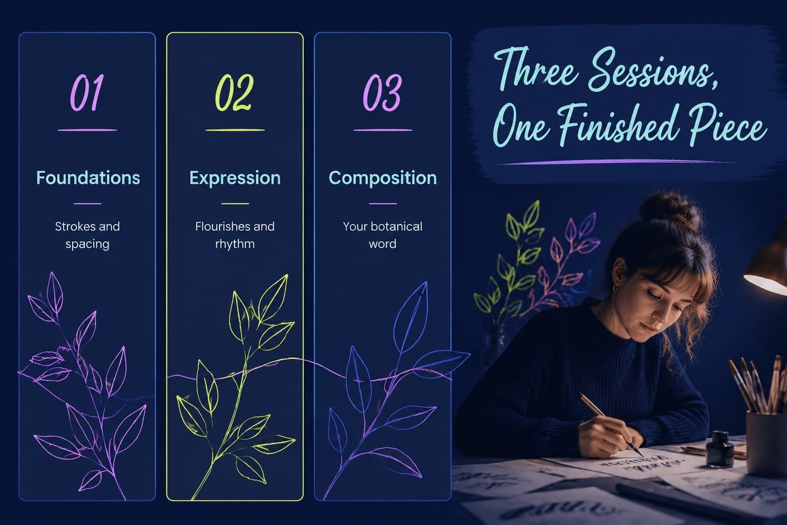 Schedule slide showing a three-session plan for practicing botanical calligraphy techniques.