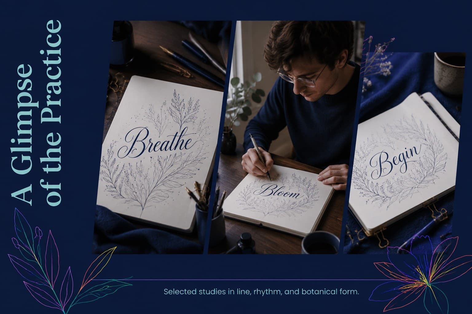 Portfolio slide displaying original lettering samples framed by neon botanical details.