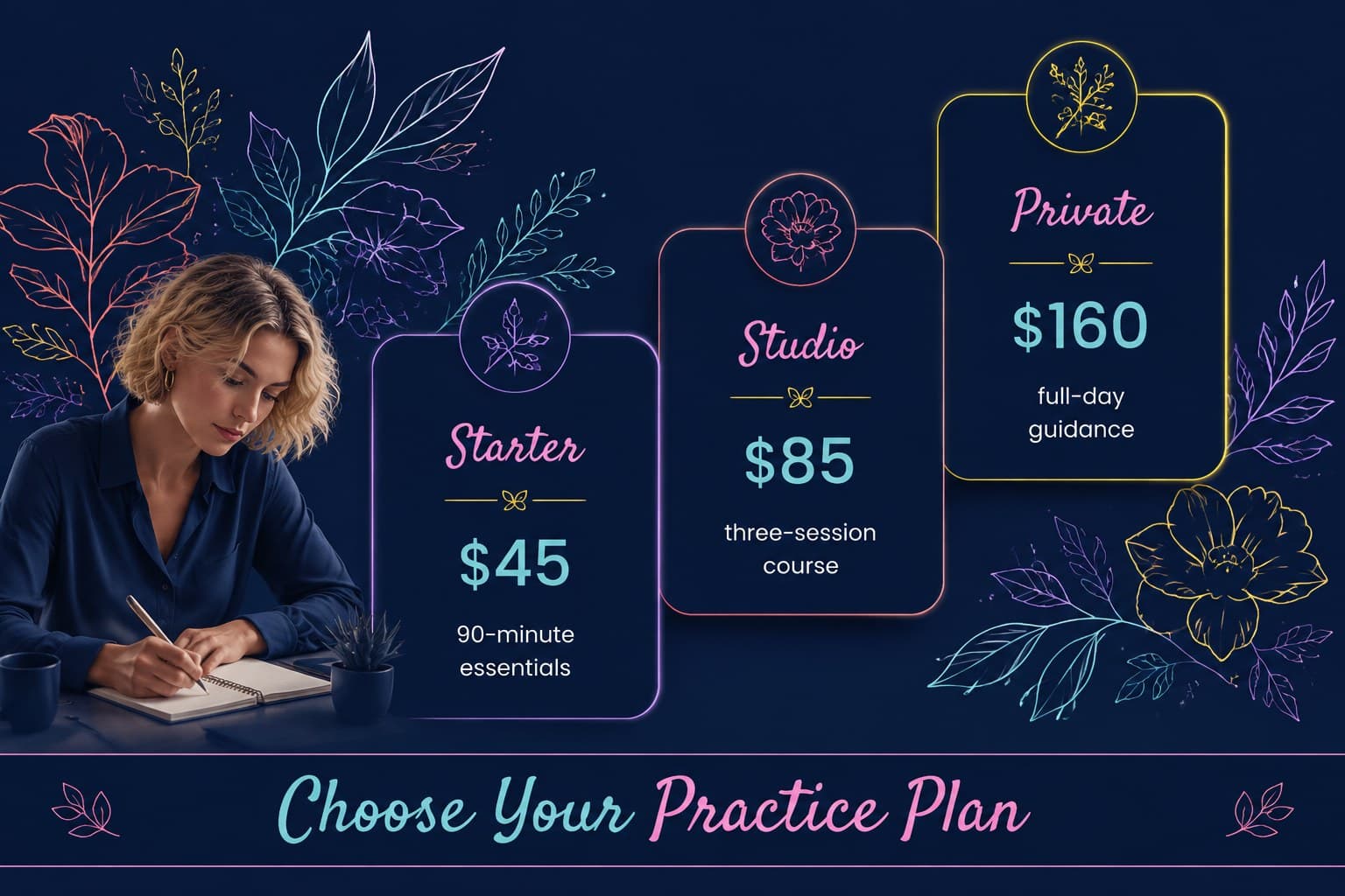 Pricing slide comparing starter, studio, and full-day options for a lettering workshop.