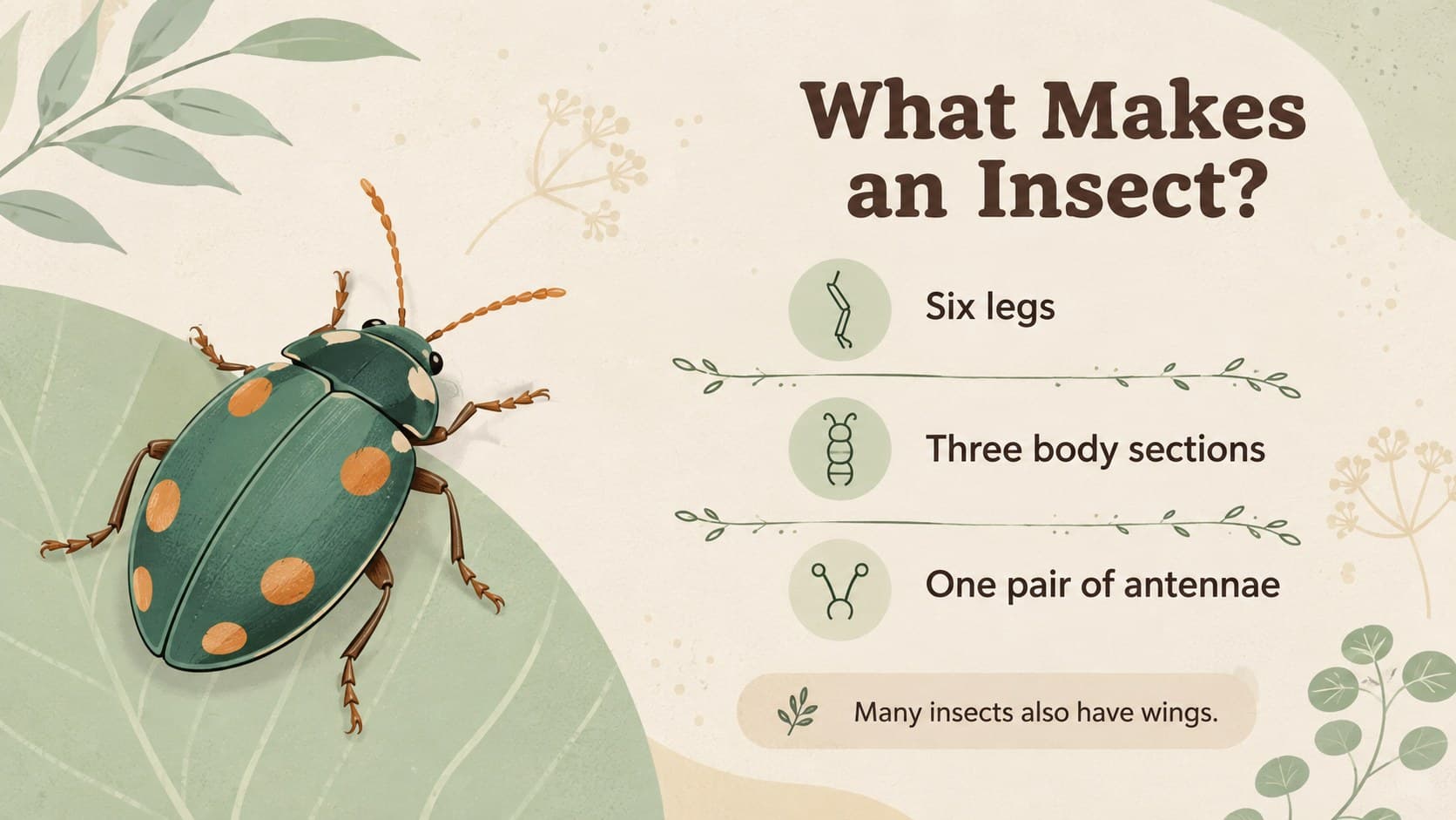 Elementary insect science slide introducing the traits that distinguish insects from other small animals.