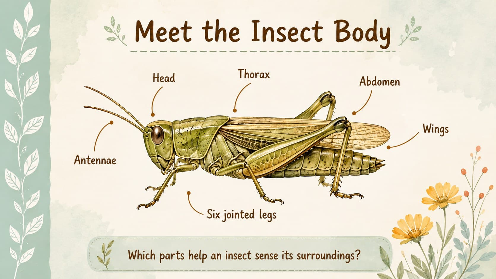Bug anatomy classroom presentation slide labeling the head, thorax, abdomen, legs, wings, and antennae.