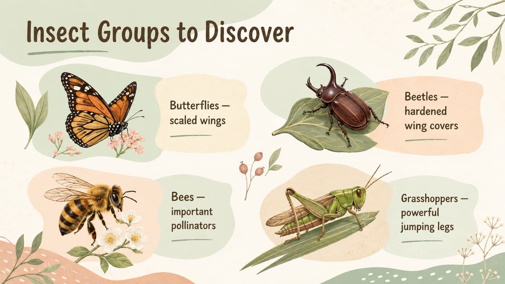 Pastel entomology lesson slide comparing butterflies, beetles, bees, and grasshoppers.
