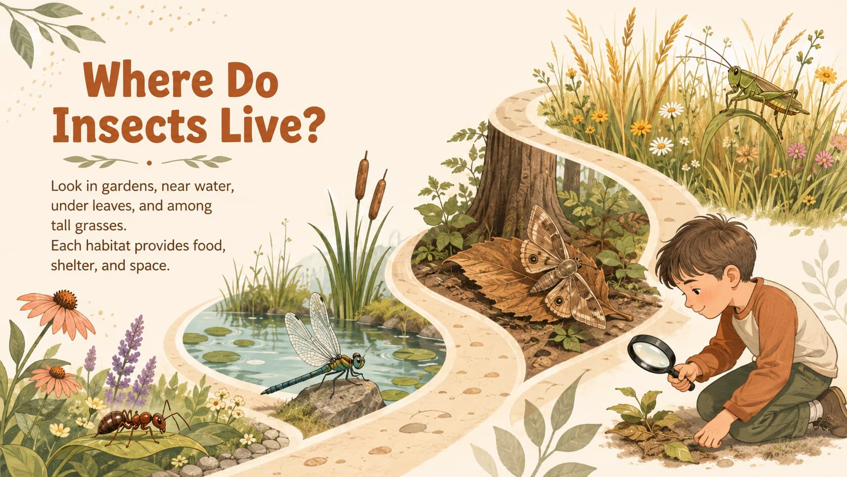 Elementary insect habitat lesson showing garden, pond, forest, and meadow environments.