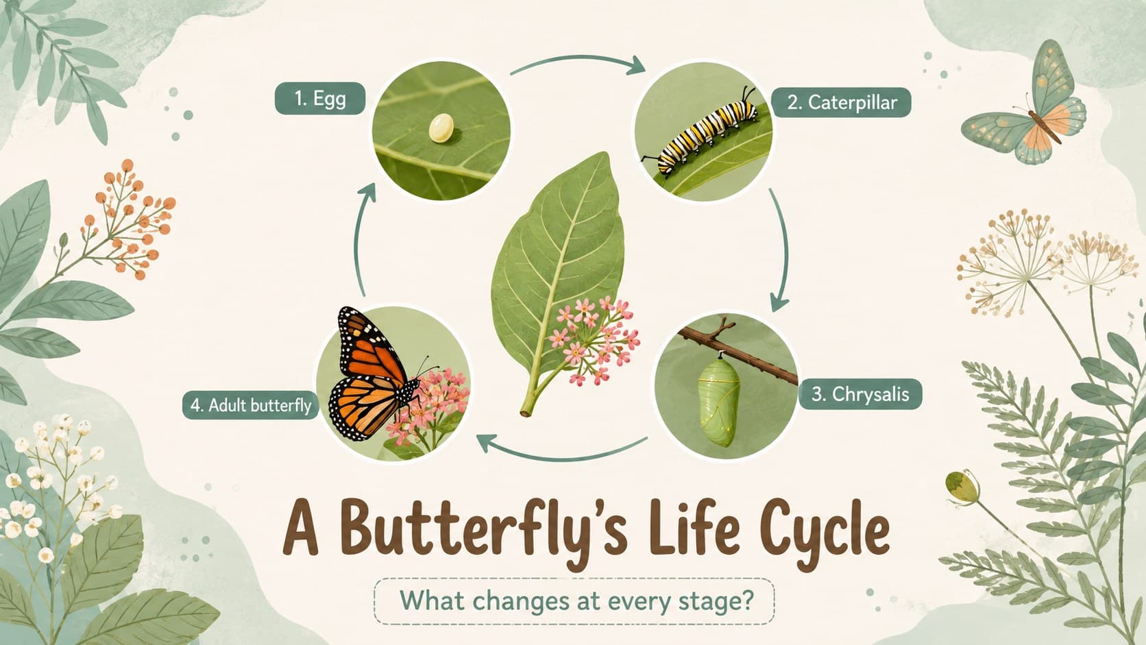 Butterfly metamorphosis lesson slide illustrating egg, caterpillar, chrysalis, and adult stages.