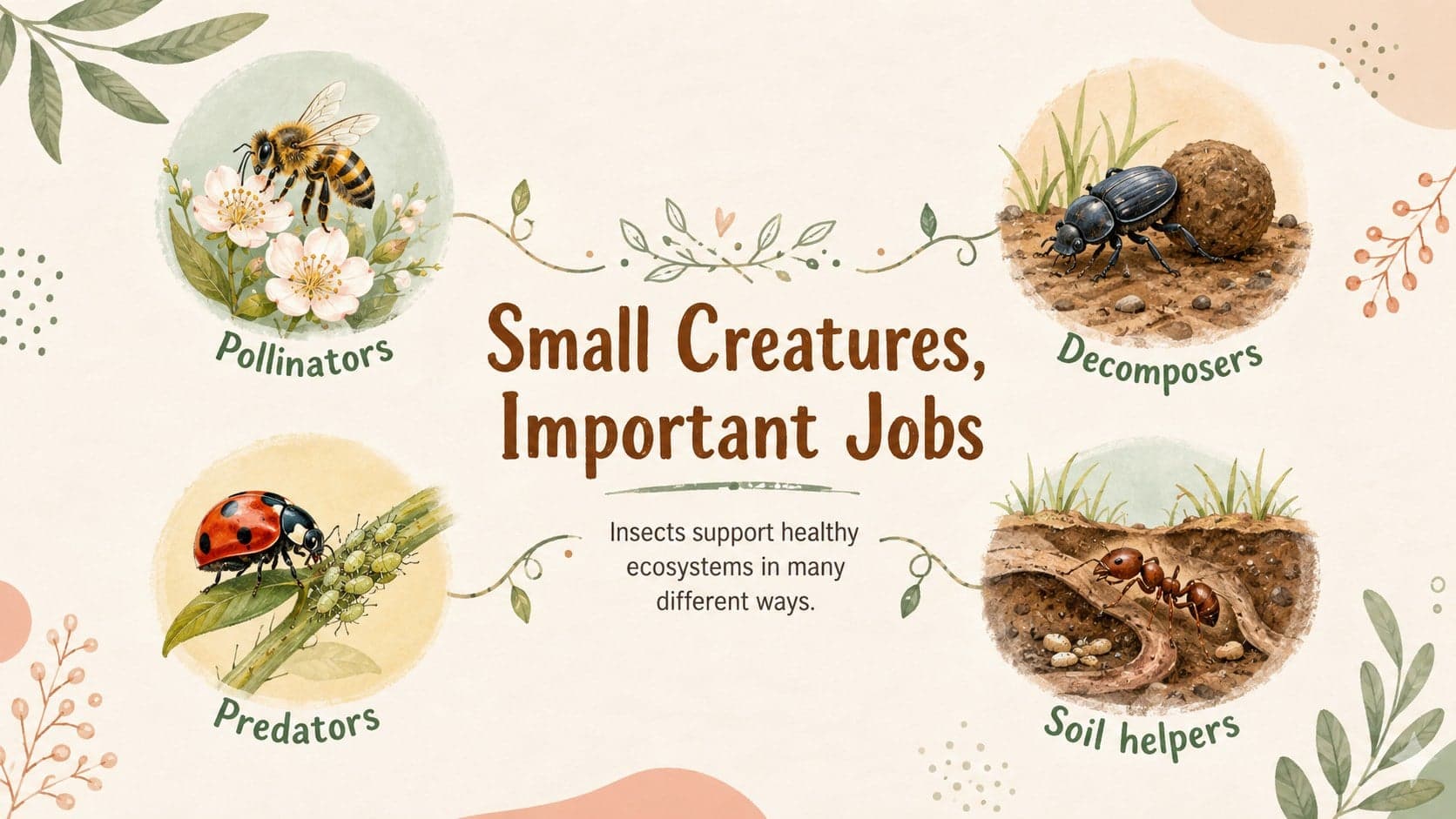 Kid-friendly insect science slide describing pollinators, decomposers, predators, and soil helpers.