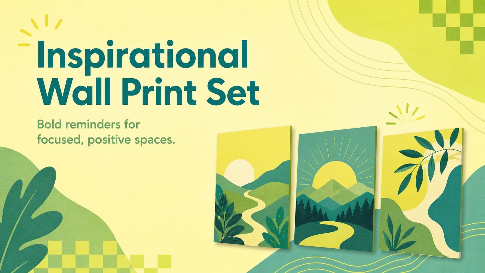Cover for an Inspirational Wall Print Set featuring bold typography and playful green-and-yellow decorative graphics.