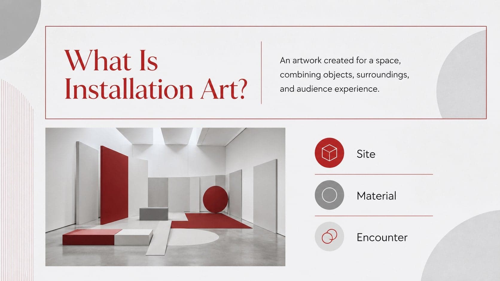 Educational slide defining installation art through space, objects, and audience experience.