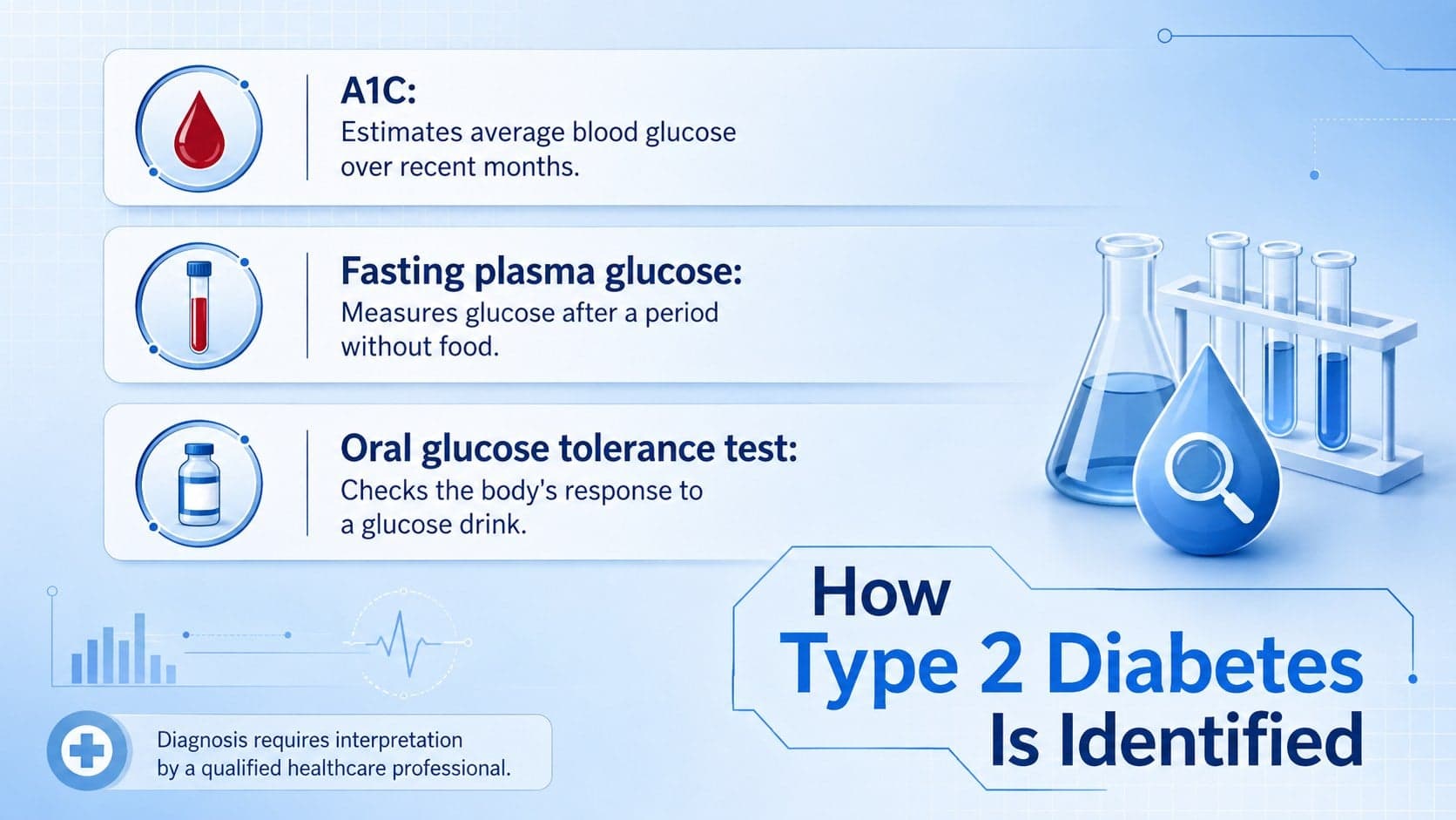 Diabetes education slide summarizing A1C, fasting glucose, and glucose tolerance tests.