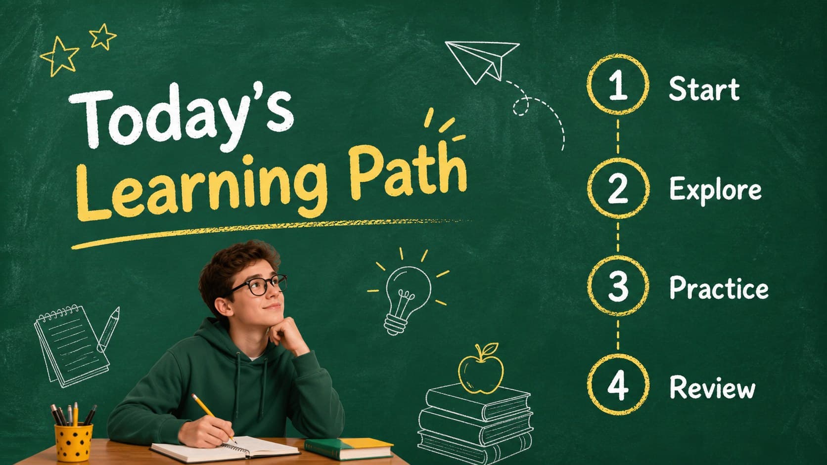 Interactive lesson presentation slides showing a clear classroom agenda with green chalkboard framing and yellow handwritten accents.