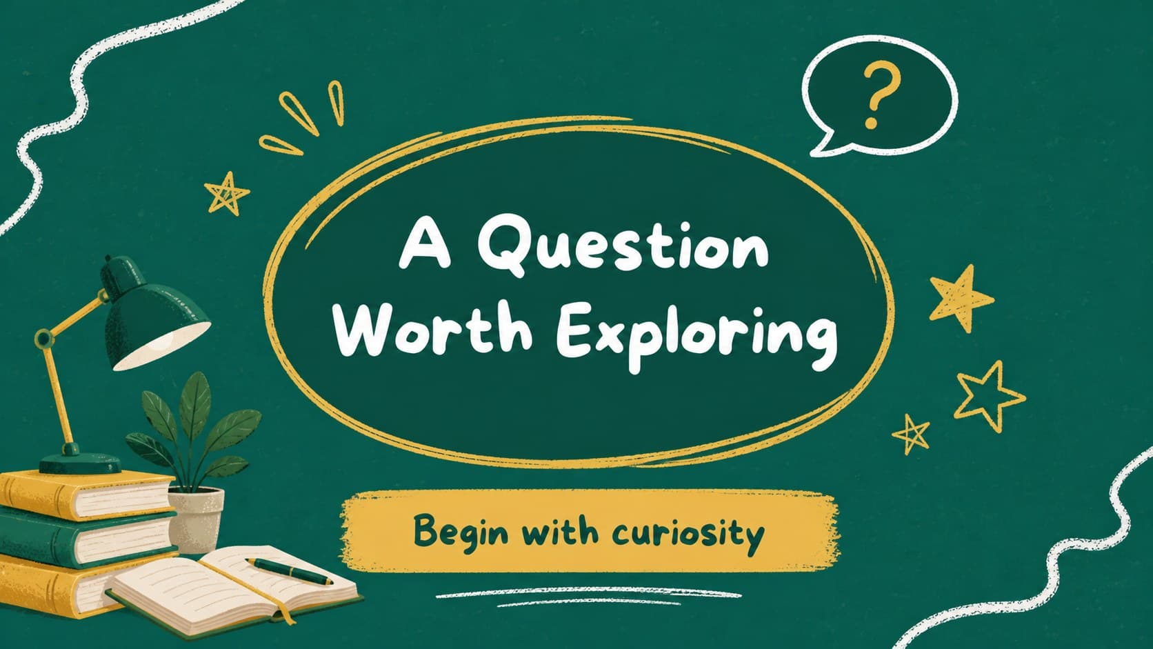 Green chalkboard PowerPoint theme slide introducing a lesson topic with a large yellow heading and illustrated teaching symbols.