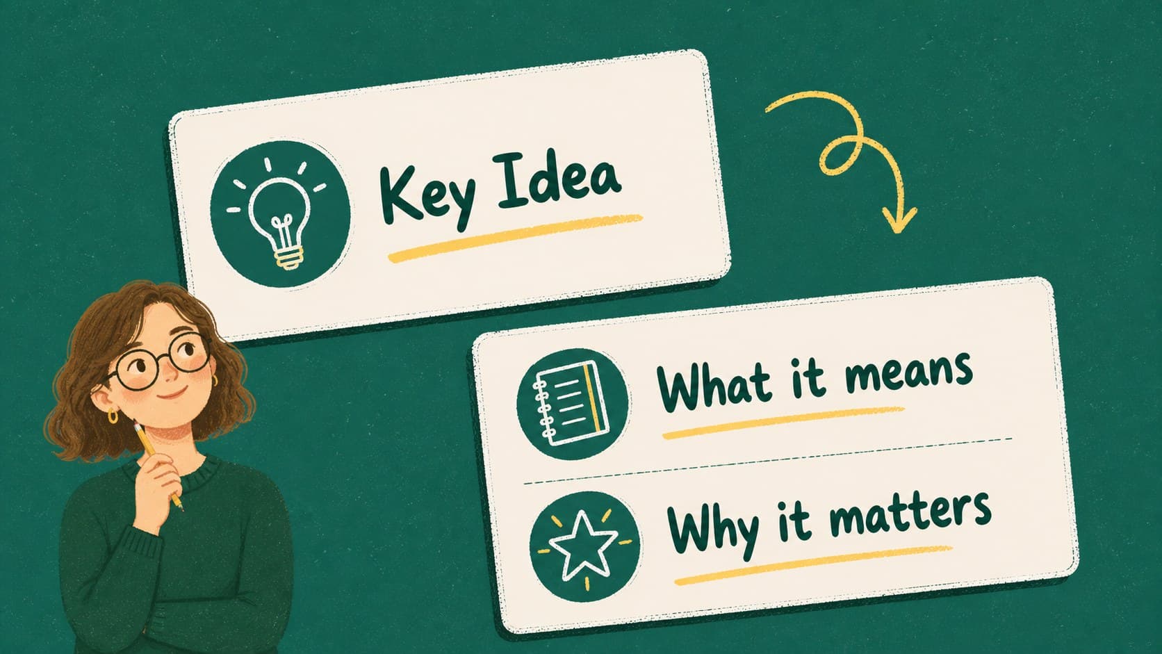 Animated classroom lesson deck slide with two editable explanation columns on a cheerful green and yellow board.