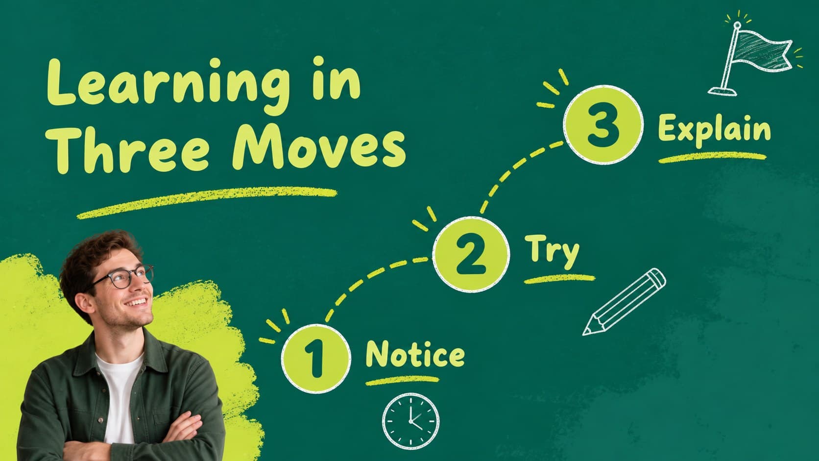 Interactive chalkboard lesson slides with a three-step process timeline and hand-drawn yellow classroom markers.