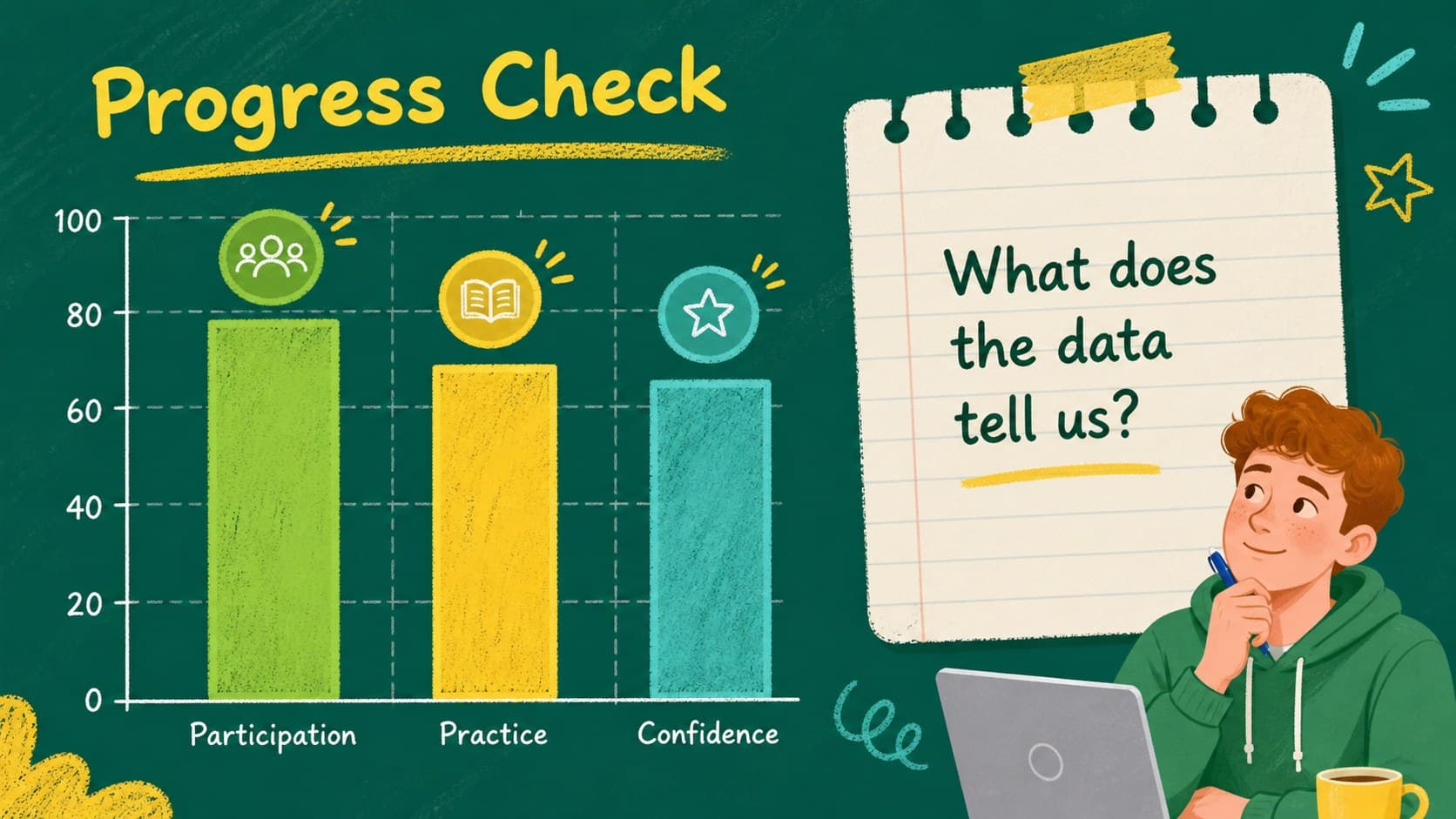 Green chalkboard PowerPoint theme with an editable bar chart for displaying classroom data and lesson progress.